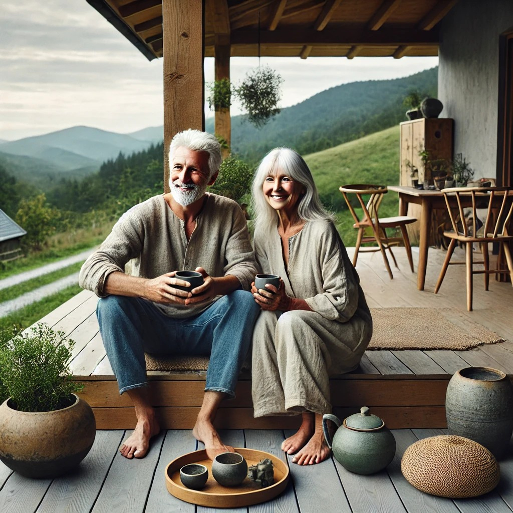 DALL·E 2025-07-11 11.26.02 - A modest yet luxurious lifestyle portrayed through an older couple living simply but richly. The couple, in their 60s, are sitting together on a woode.jpg