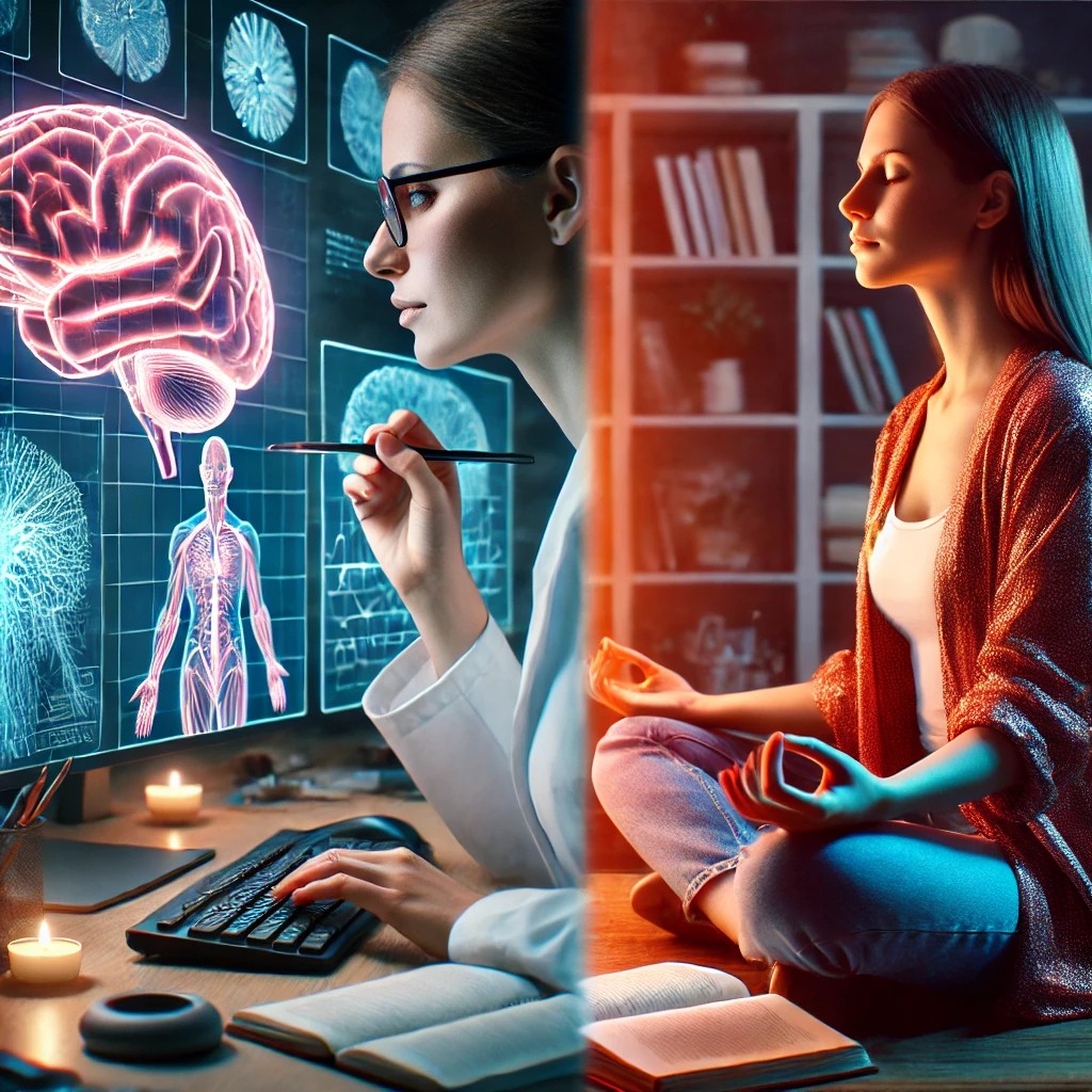 DALL·E 2025-10-14 13.45.31 - A woman in her 30s deeply engaged in neuroscience research and applying brain science in her daily life. The scene combines two elements_ part of the .jpg