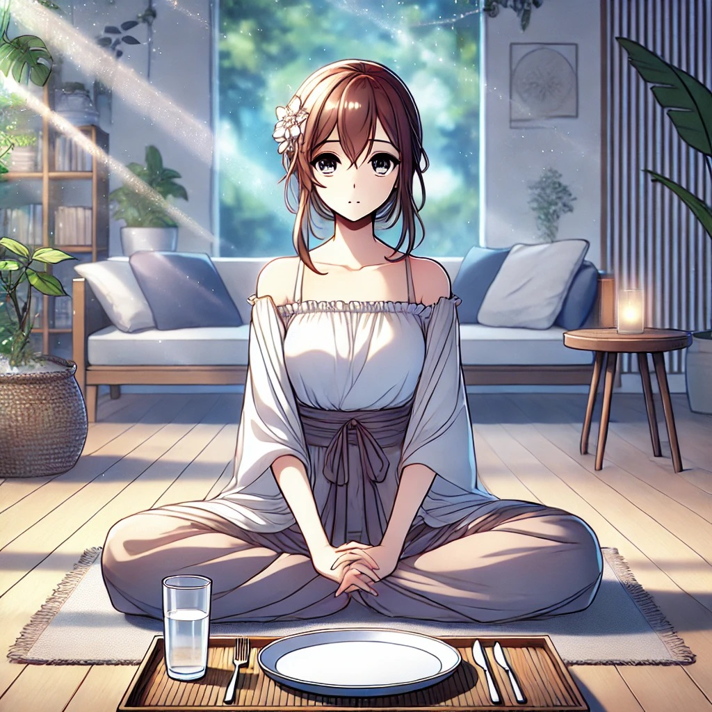 DALL·E 2025-01-07 07.51.23 - An anime-style illustration of a thoughtful woman practicing fasting. She is seated in a meditative pose at a low table with an empty plate in front o.jpg