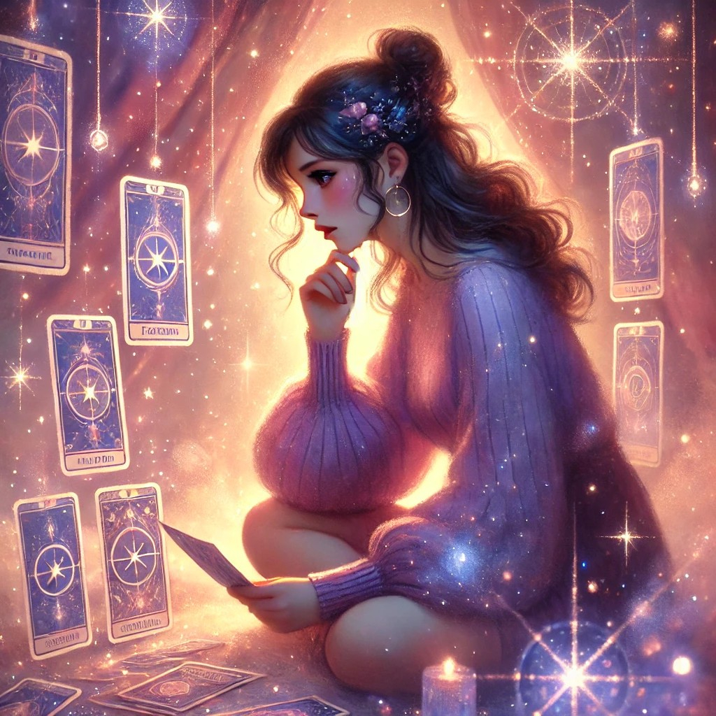DALL·E 2025-10-19 23.16.49 - A dreamy, mystical illustration of a woman sitting in a softly glowing space filled with stars, tarot cards, and gentle magical light. She looks thoug.jpg