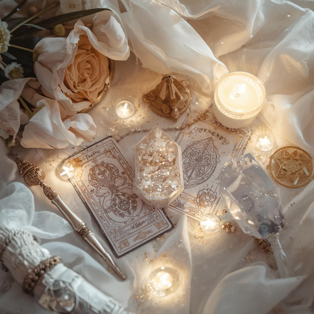 占い、霊視、タロット、ヒーリング道具、神秘的、スピリチュアル、キラキラ、白とゴールド、クリスタル、YES NOジャッジ、ダウジング.JPEG