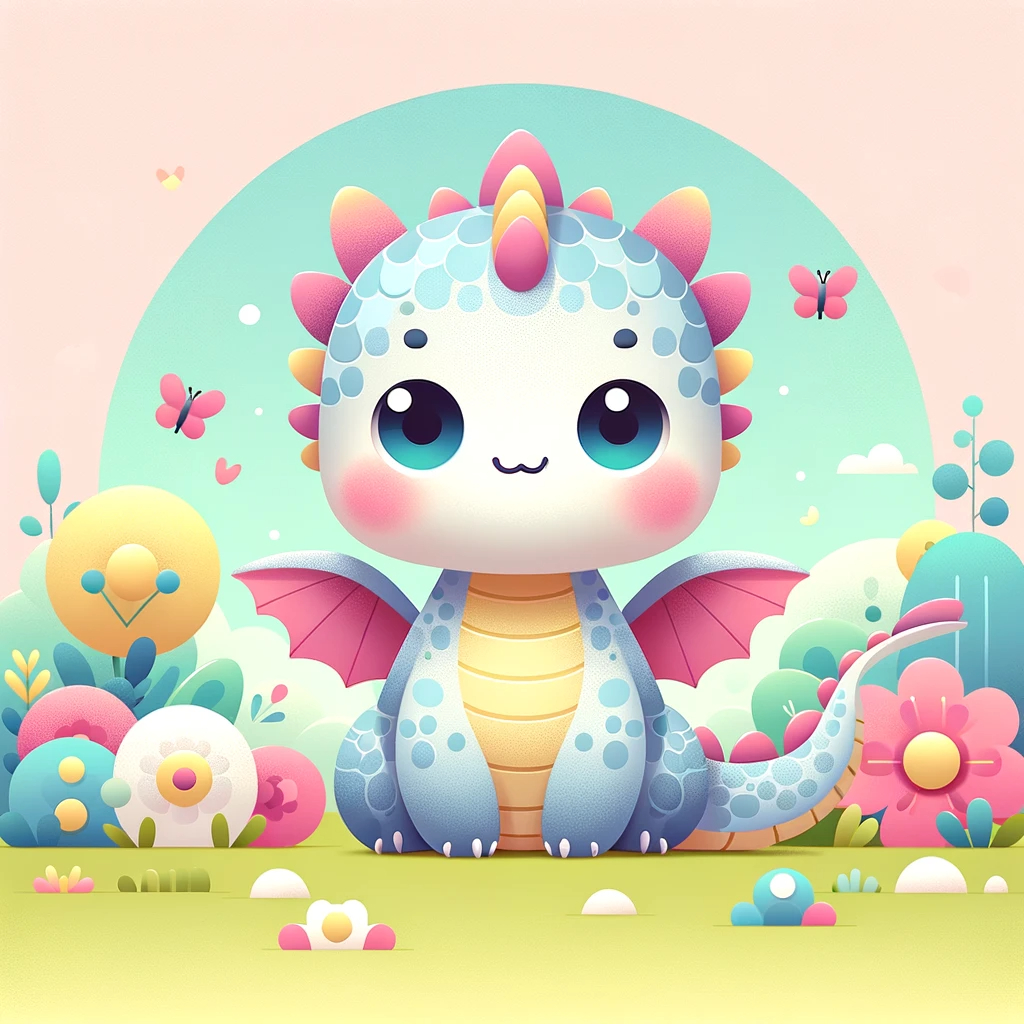 DALL·E 2023-11-18 20.34.09 - A cute, flat-style dragon with minimal 3D effect, featuring large expressive eyes and a small, friendly smile. Its scales are designed in soft pastel .png