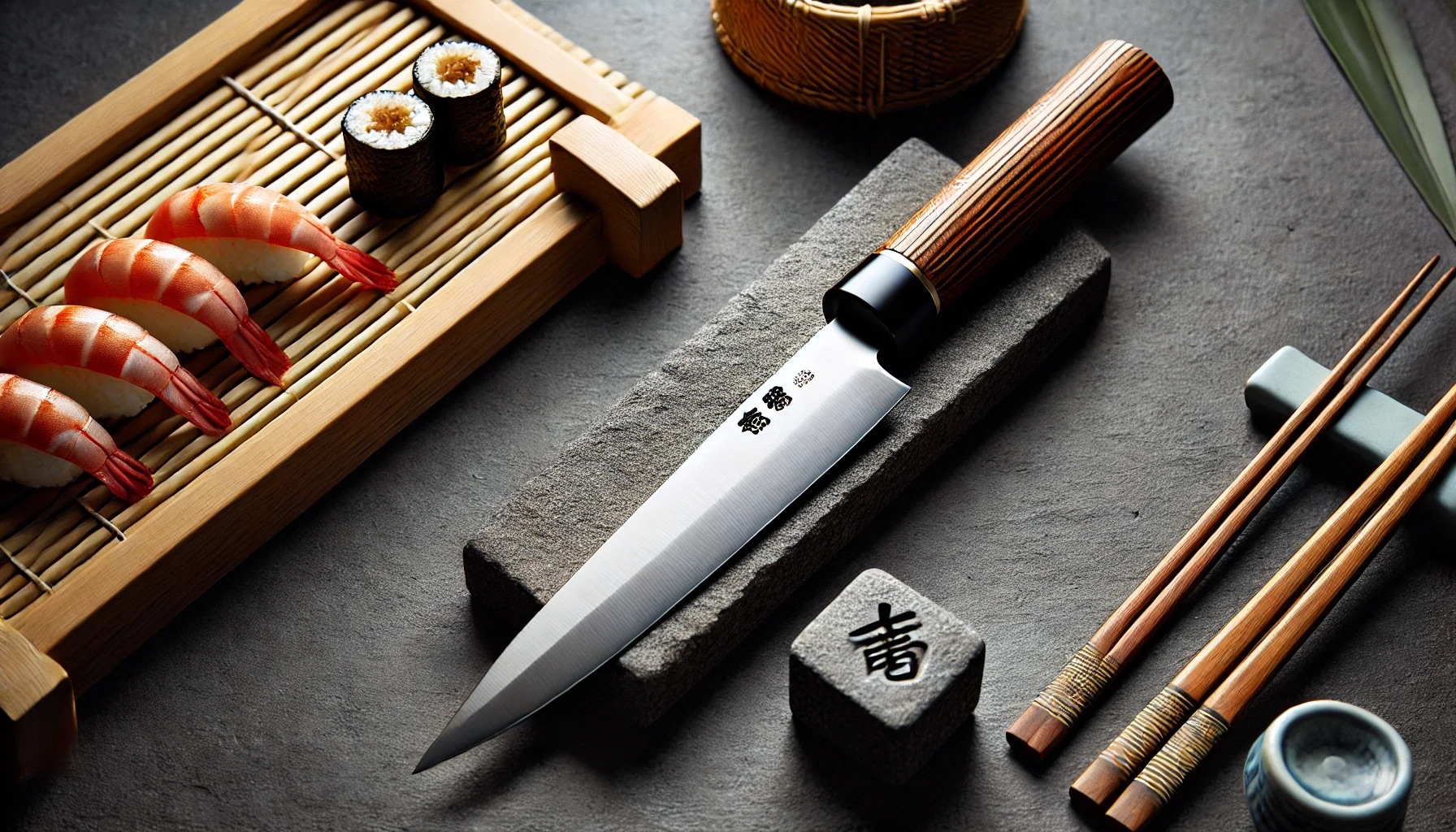 DALL·E 2024-06-25 21.43.05 - A traditional Japanese sushi knife from the brand Tojiro, featuring a long, slender blade and a wooden handle, ideal for slicing fish with precision.jpeg