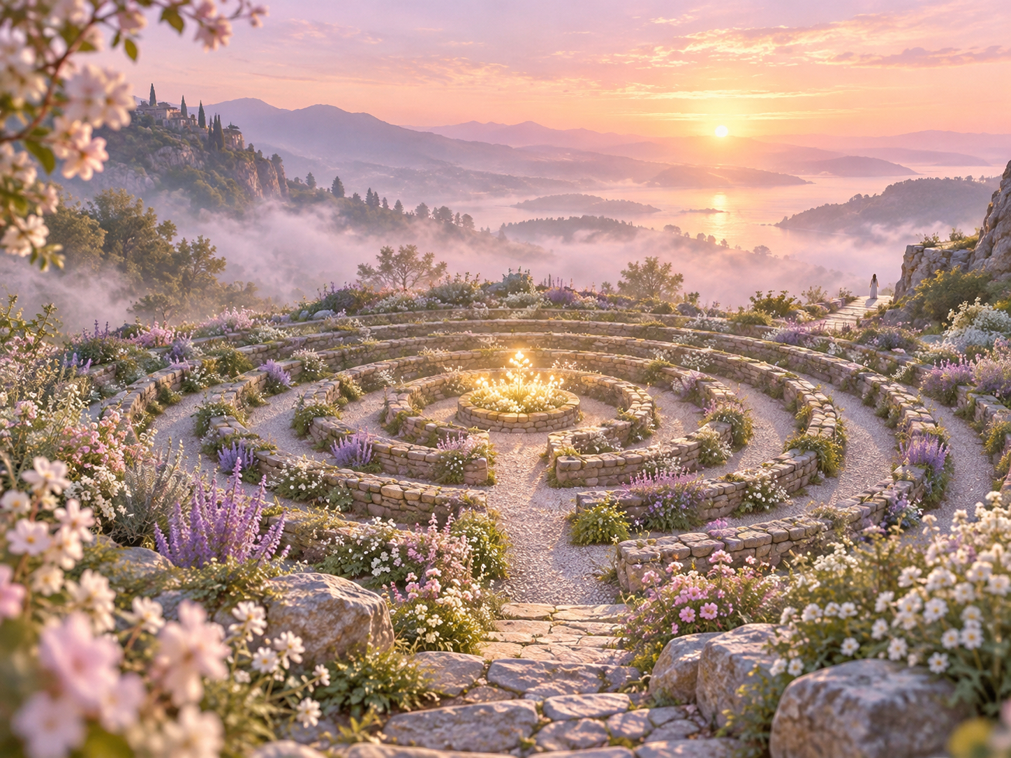 黄昏の花咲く石造り迷宮庭園.png
