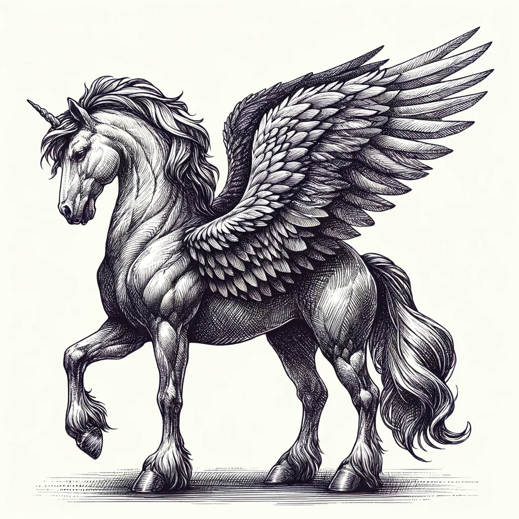DALL·E 2023-11-25 18.33.59 - A pen drawing style image of a Pegasus, using fine lines and sharp contours characteristic of pen art. The texture of the detailed pen lines is used t.png