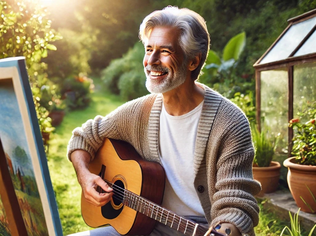 DALL·E 2025-07-08 22.10.31 - A joyful retired man in his 60s enjoying his life through hobbies. He is outdoors on a sunny day, engaged in a relaxing activity such as painting a la.jpg