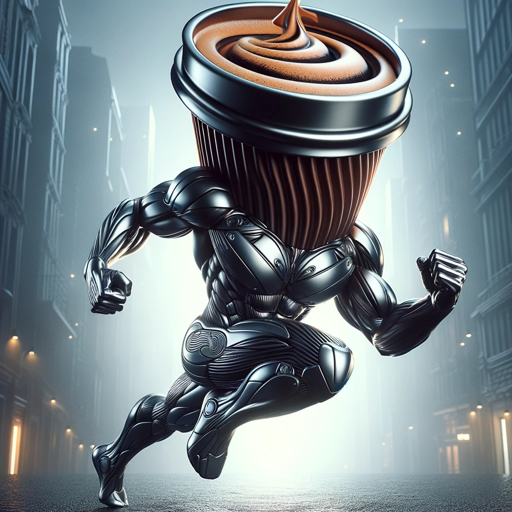 DALL·E 2023-11-13 20.10.39 - A sleek, cool coffee-themed character with a dynamic, superhero-like design. The character's head is a stylish, metallic coffee cup, with steam rising.png