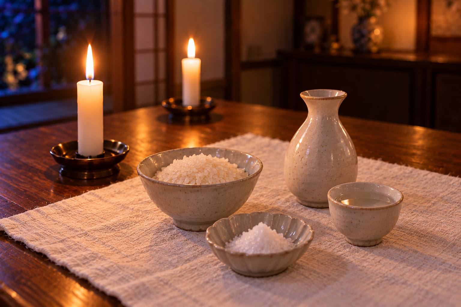 蝋燭と米、塩、酒の供え物.png