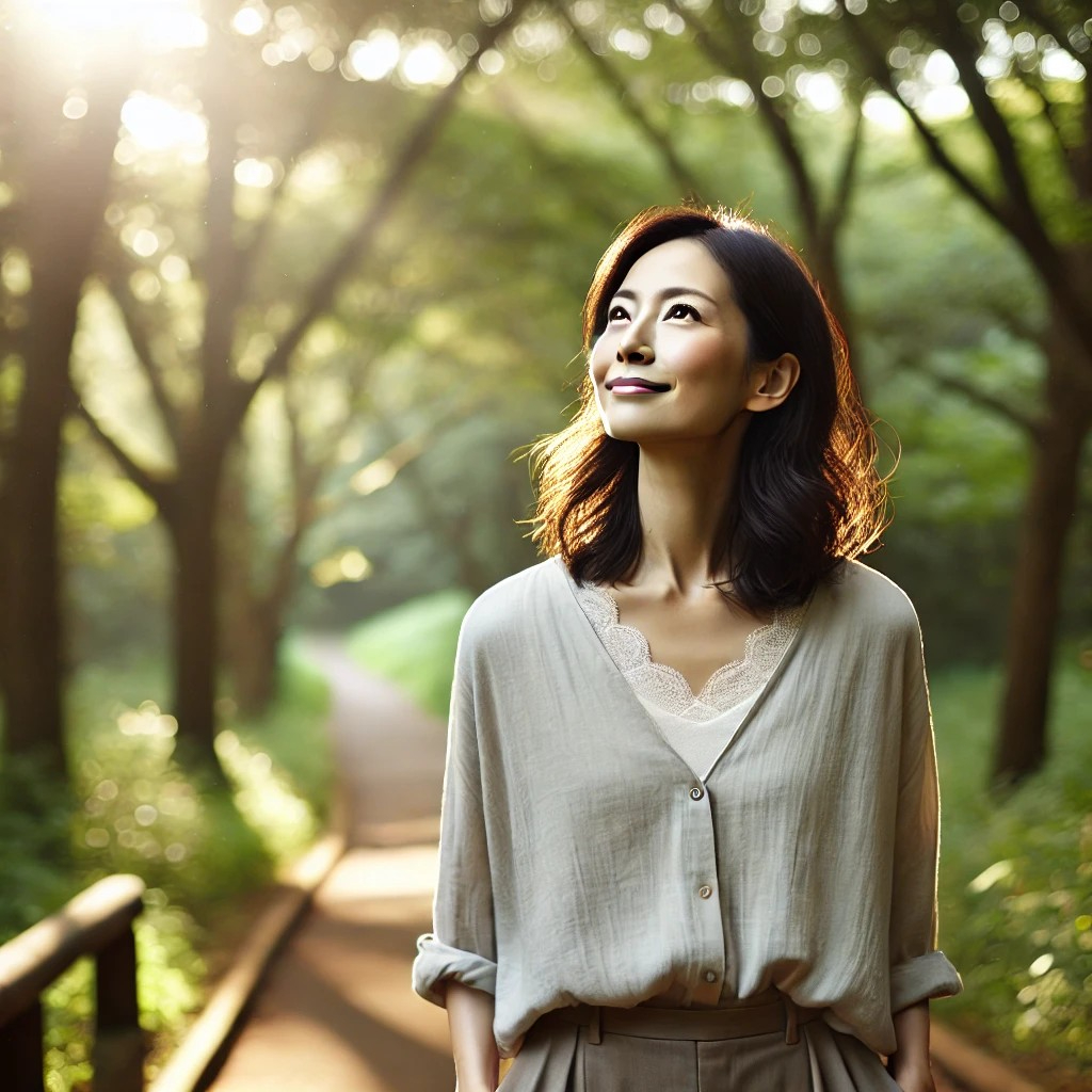 DALL·E 2025-09-23 13.43.25 - A peaceful and uplifting image of a Japanese woman in her 30s or 40s, wearing modern Western-style clothing, walking through a natural setting such as.jpg