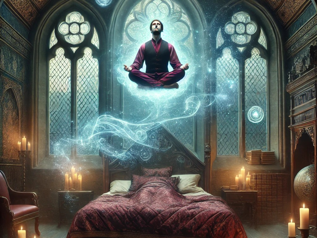 DALL·E 2025-04-21 07.26.00 - A surreal scene depicting a male psychic experiencing a lucid dream. He is shown sleeping peacefully in an ornate bedroom inside a grand castle. The b.jpg