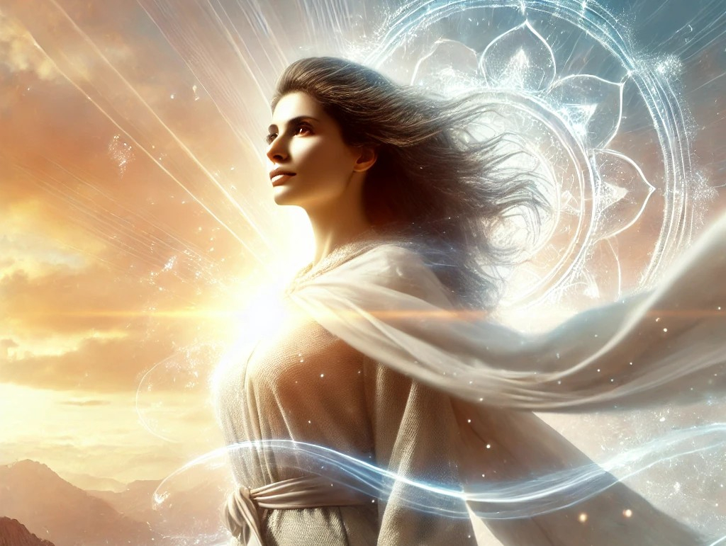 DALL·E 2025-04-28 10.02.52 - A powerful and inspirational scene of a woman who has overcome great challenges and whose soul has leveled up. She stands confidently on a mountain pe.jpg