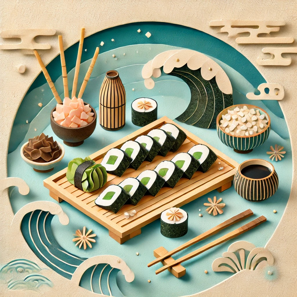 DALL·E 2025-02-06 14.36.23 - A papercraft-style illustration representing 'Nori Day'. The image features beautifully arranged sheets of nori (seaweed) on a wooden tray, accompanie.jpg