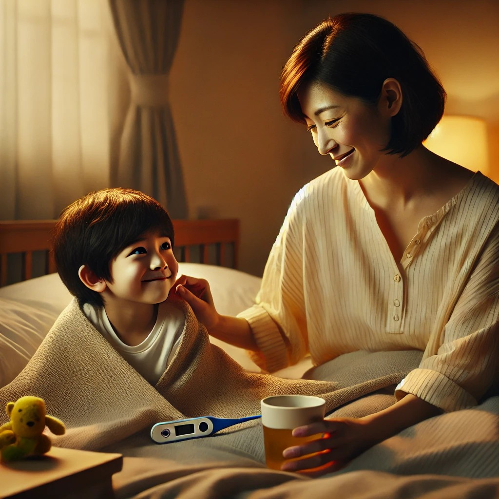 DALL·E 2025-08-25 12.36.07 - A warm, emotional, and photorealistic image of a young child pretending to be sick to get attention, lying under a blanket with a slight smile and a t.jpg