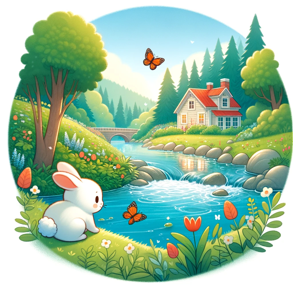 DALL·E 2024-02-18 17.04.37 - Create an illustration featuring Mofi the small white rabbit near a river that flows close to the house depicted in the second illustration with the specific detail that the house has.jpeg