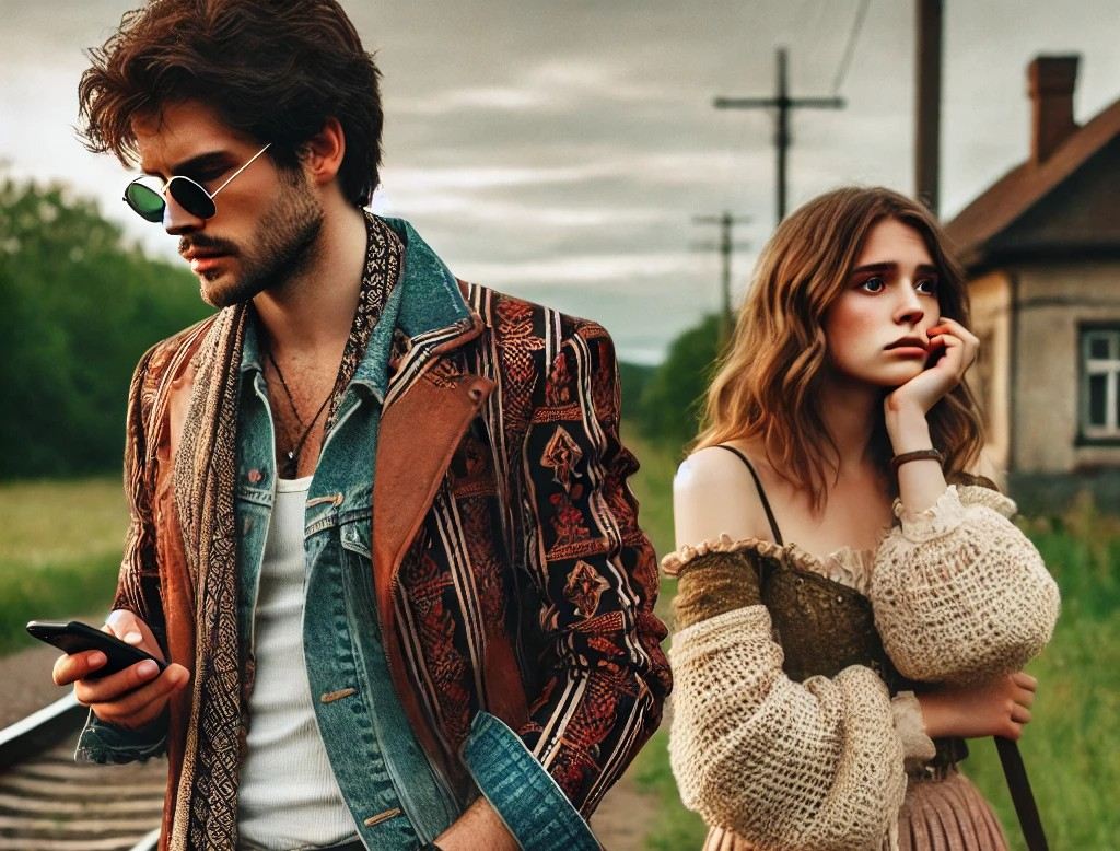 DALL·E 2025-05-15 04.25.40 - A dramatic and emotional scene showing a couple growing distant. The man, who recently moved to the city, is dressed in trendy, flashy urban clothes a.jpg
