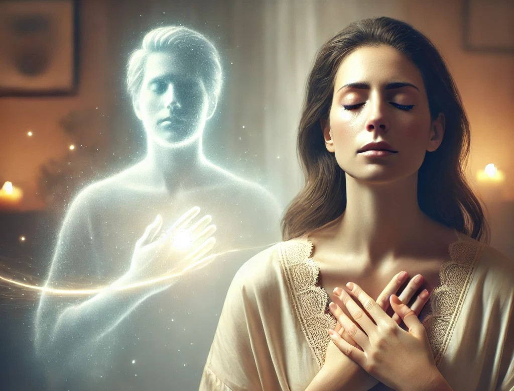 DALL·E 2025-05-18 23.07.14 - A deeply emotional and uplifting scene showing a woman in her 30s sitting quietly in a peaceful room, tears gently falling as she receives a telepathi.jpg