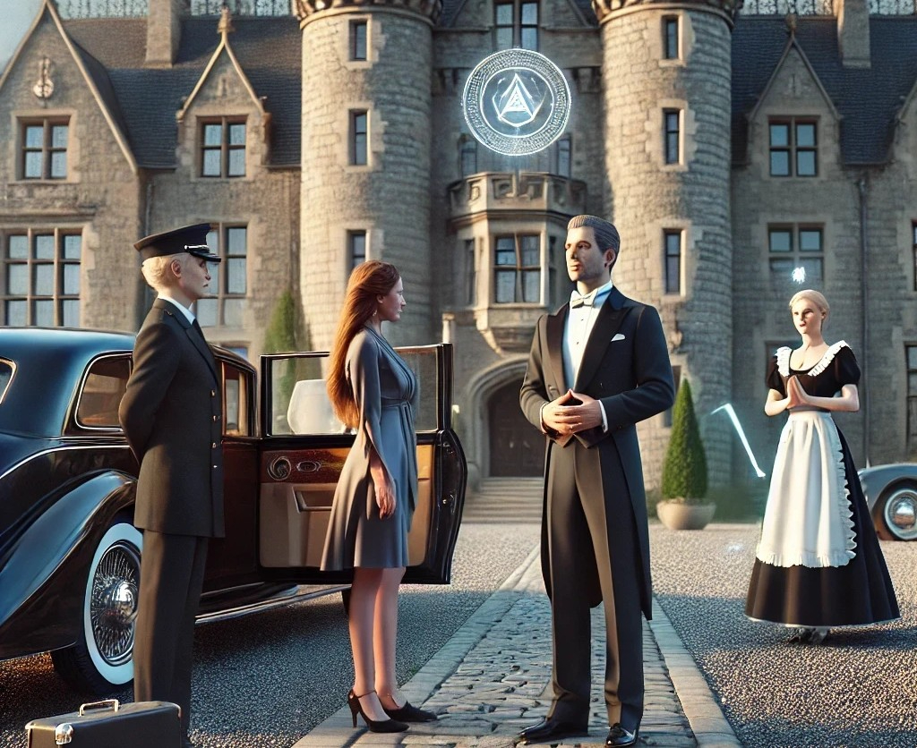 DALL·E 2025-04-22 09.52.07 - A realistic and cinematic scene outside a grand European-style castle in the early morning light. A single elegant woman stands near the grand entranc.jpg