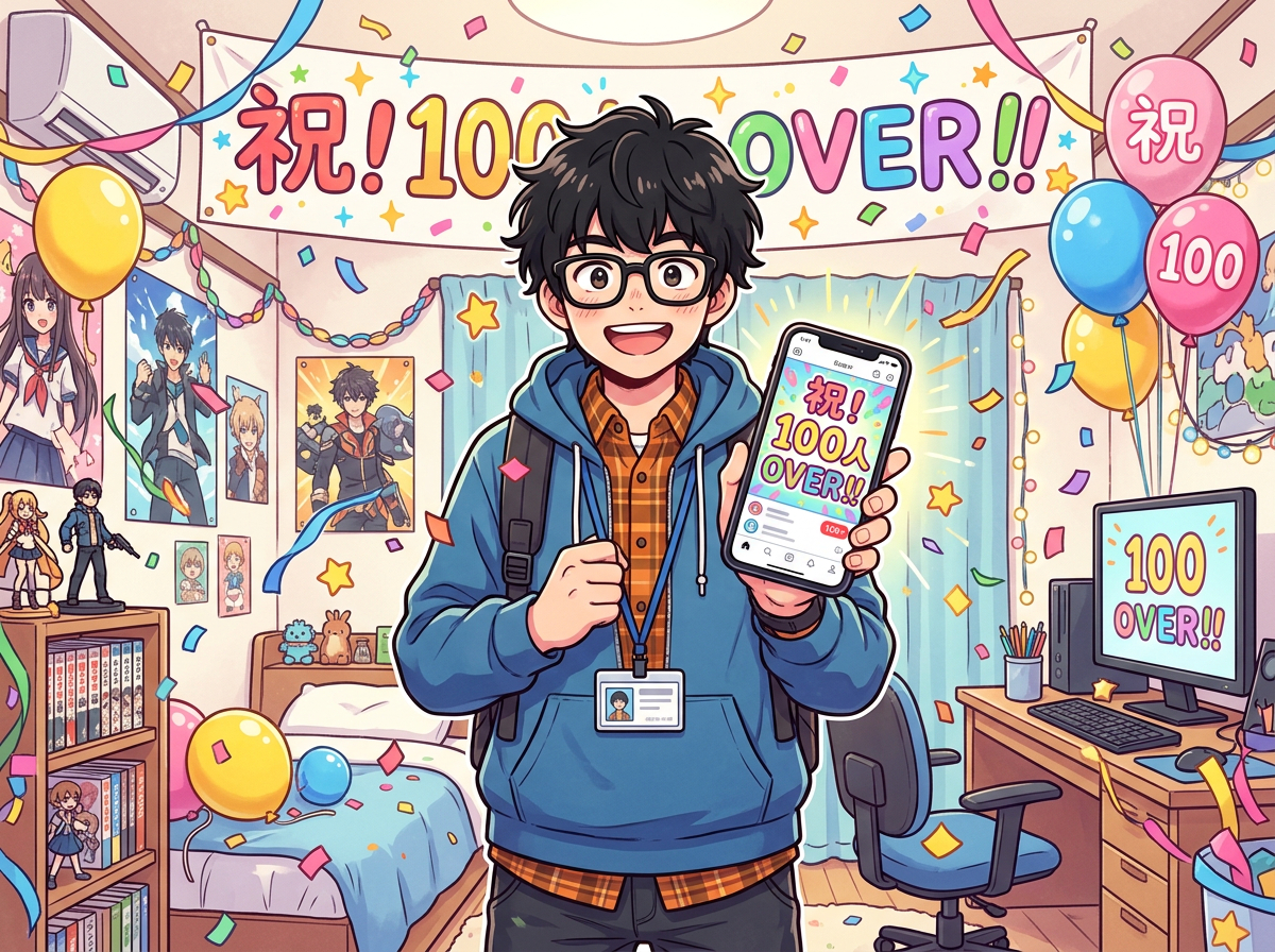 Firefly_Gemini Flash_チー牛が「祝！100人OVER！！」と祝っているイラストを作成してください。_チー牛とはいえ、ポップな印象でお願いします。 807276.png