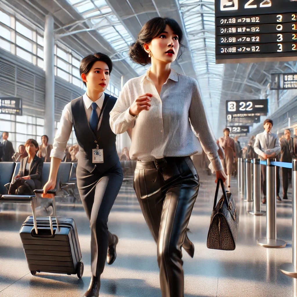 DALL·E 2025-08-05 12.17.03 - A realistic and dynamic scene at a busy airport, showing a stylish Japanese woman in her 50s, wearing a casual, loose-fitting blouse and Western-style.jpg