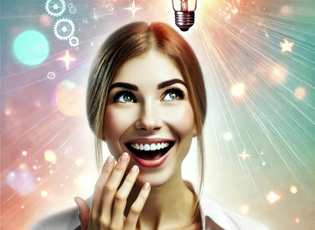 DALL·E 2025-07-30 13.54.02 - A bright and uplifting image of a woman having a sudden idea or realization. She is smiling with wide, inspired eyes, and a soft glow or lightbulb-lik.jpg