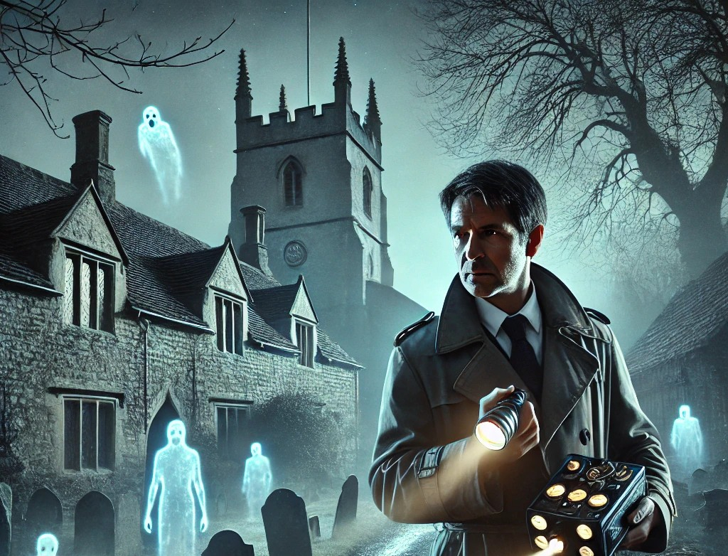 DALL·E 2025-06-04 21.58.17 - A dramatic and eerie scene showing a scientist investigating paranormal activity in the most haunted village in the UK. The setting is a foggy old Eng.jpg