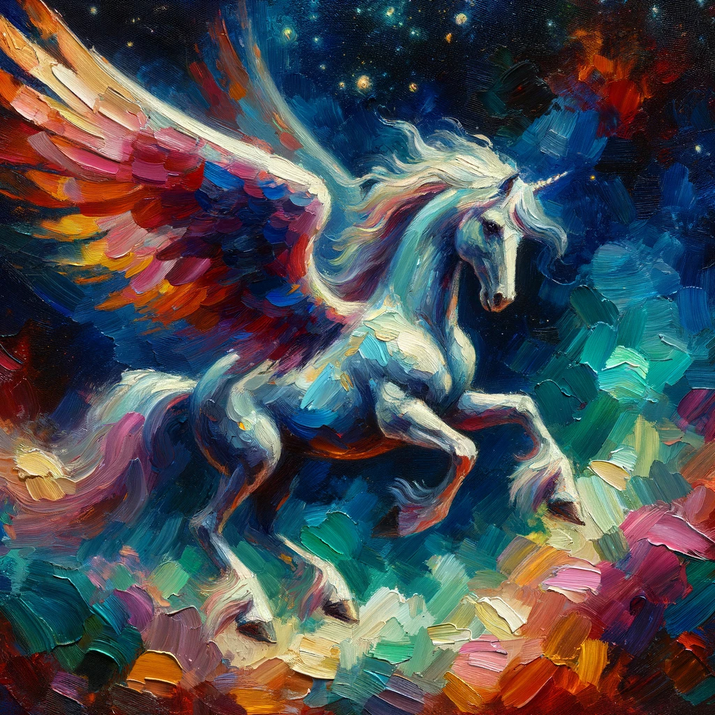 DALL·E 2023-11-25 18.33.19 - An oil painting style image of a Pegasus, rendered with rich colors and thick brush strokes. The Pegasus is depicted in a powerful yet graceful pose, .png