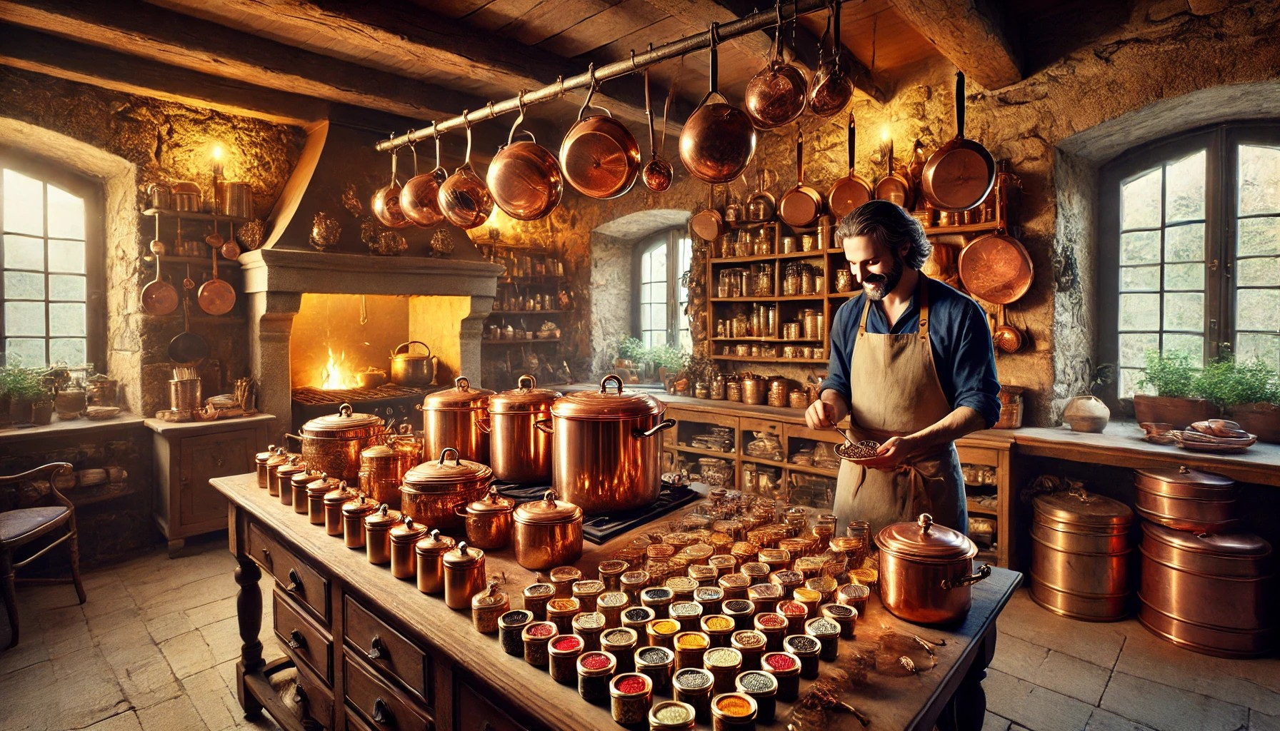 DALL·E 2025-04-19 07.09.21 - A warm and rustic European castle kitchen, filled with an abundance of shiny copper pots and pans neatly displayed on open shelves and hanging from ce.jpg