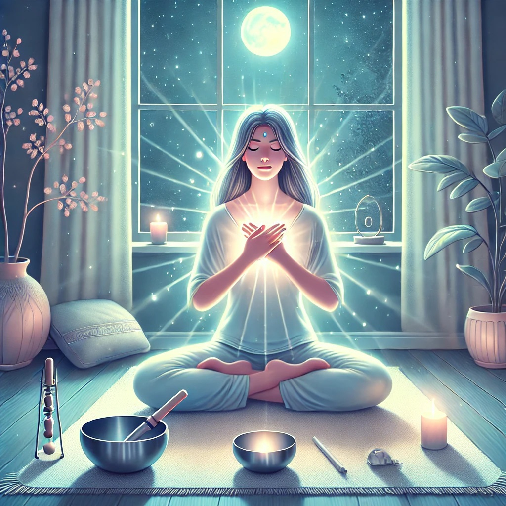 DALL·E 2025-01-30 20.35.47 - An illustration of a woman practicing self-healing meditation in a peaceful, softly lit room. She sits cross-legged on a cushion with her hands gently.jpg