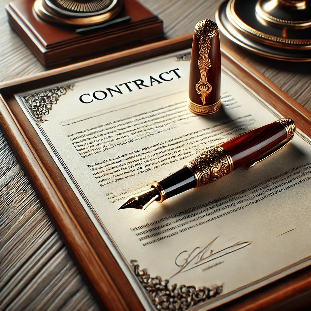 DALL·E 2024-11-13 00.06.36 - An elegant and luxurious contract document on a high-end wooden desk, with a beautifully crafted fountain pen beside it. The atmosphere is refined and.jpeg