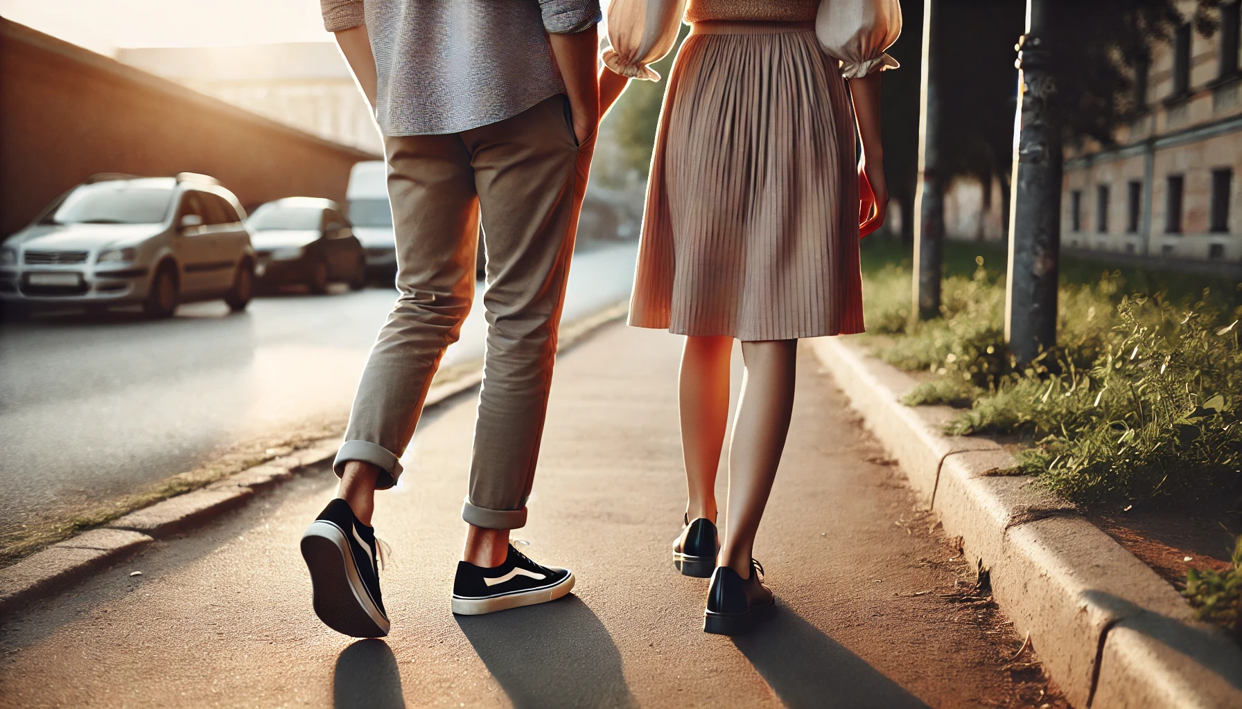 DALL·E 2025-06-23 20.57.23 - A side-view close-up image focused on the lower bodies of a couple walking together. The man and woman are walking closely, suggesting a romantic rela.jpg
