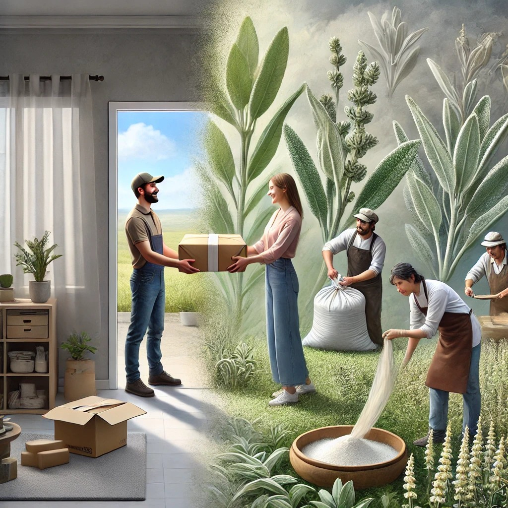 DALL·E 2025-07-15 12.37.27 - A symbolic and heartwarming image showing the journey of white sage from farm to customer. On the left, a delivery person stands at a modern home's do.jpg