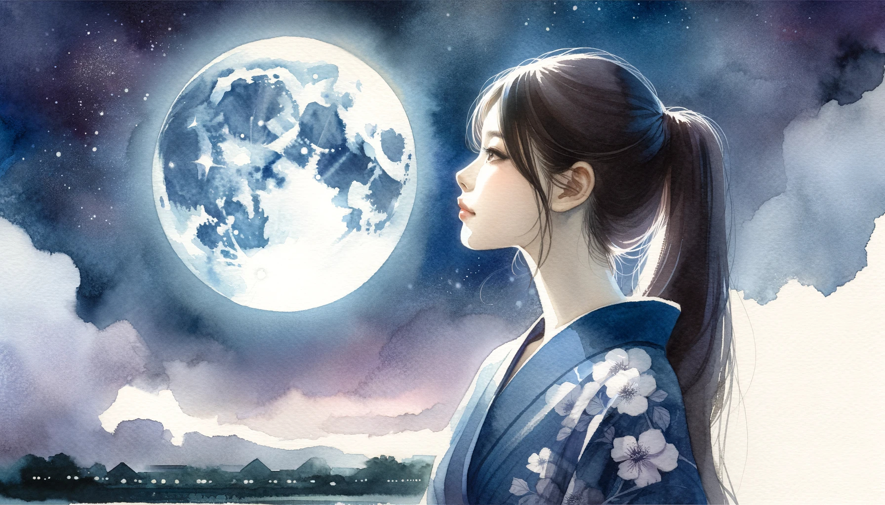 DALL·E 2023-11-09 18.06.17 - A Japanese woman in her 20s is portrayed in a watercolor painting style, standing under a night sky with a clear, luminous full moon. Her gaze is lift.png