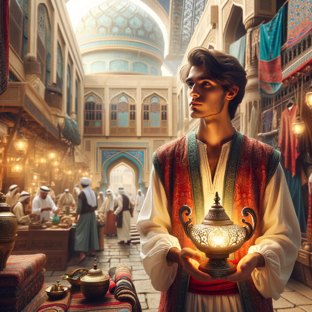 DALL·E 2023-11-22 18.11.47 - A young Middle-Eastern man in a medieval Arabian market, holding a mystical golden lamp. He wears traditional Arabian attire, with a vibrant red vest .png
