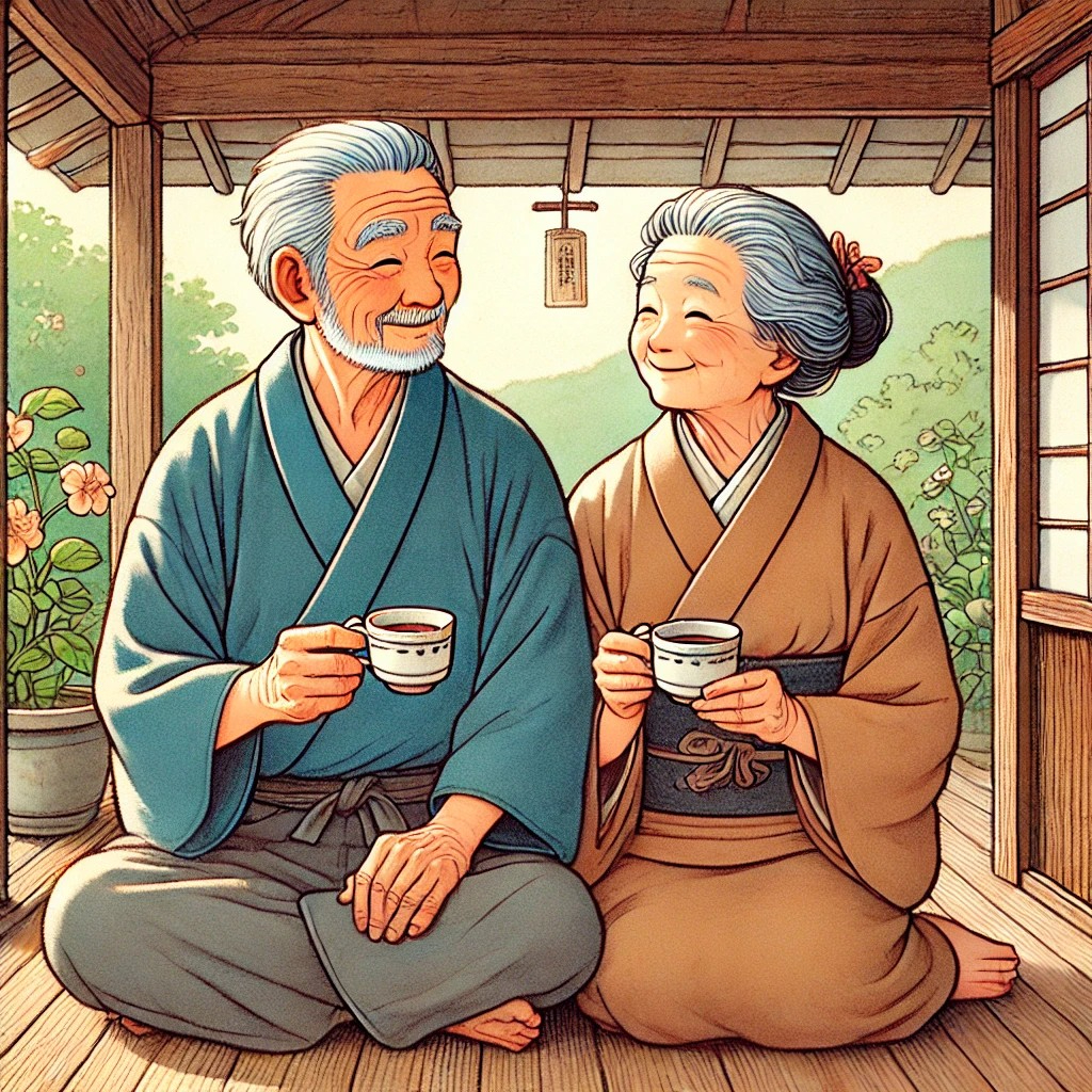 DALL·E 2025-08-20 12.27.21 - A heartwarming illustration of an elderly couple sitting side by side on the wooden engawa (veranda) of a traditional Japanese house. Their faces res.jpg