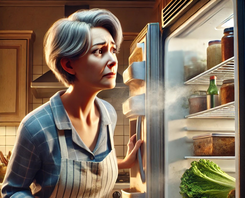 DALL·E 2025-06-03 13.34.27 - A scene showing a woman in her 50s opening a refrigerator in a home kitchen. As she opens the fridge door, a faint unpleasant smell wafts out, and her.jpg