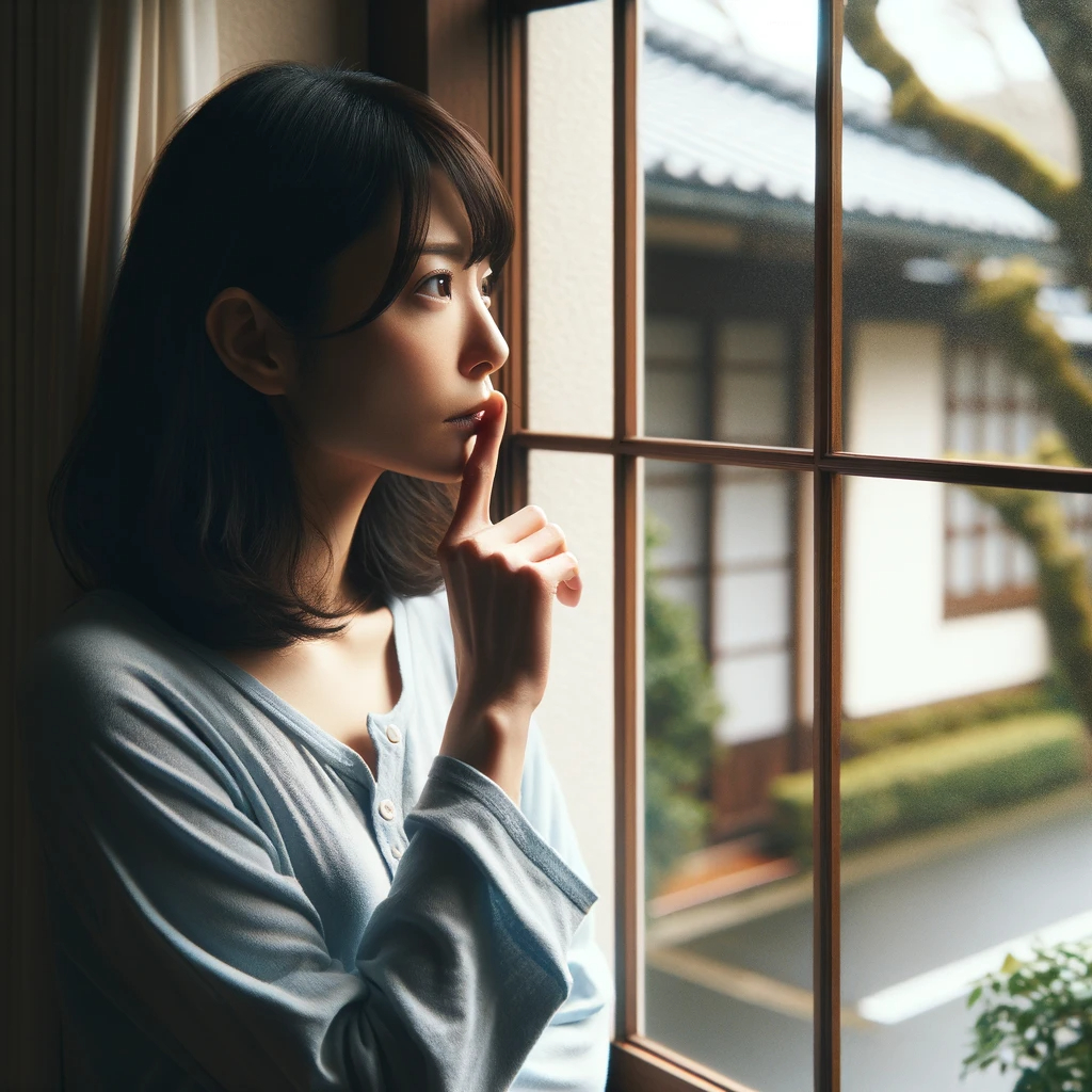 DALL·E 2024-03-14 11.42.33 - A Japanese woman standing by a window, gazing outside with a contemplative look, her finger lightly touching her lips as if pondering a difficult deci.png