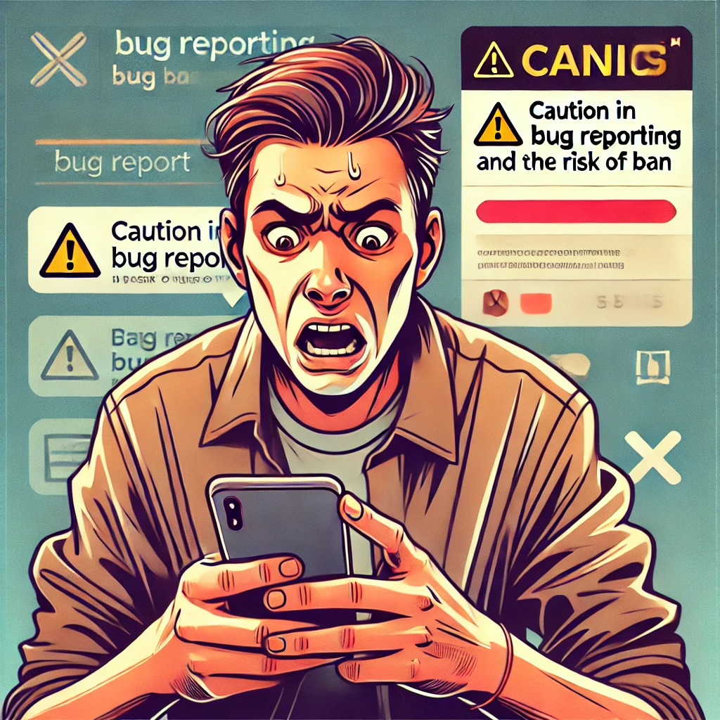 DALL·E 2025-03-22 15.40.33 - An illustration of a person holding a smartphone, looking stressed and anxious, representing the theme 'Caution in Bug Reporting and the Risk of BAN.'.png
