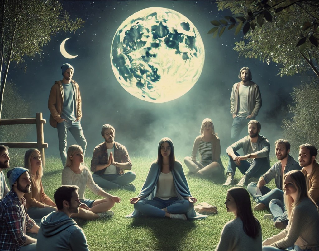DALL·E 2025-05-16 22.41.11 - A nighttime scene under a full moon in a quiet natural setting. A group of women are sitting in a circle on the grass, meditating peacefully under the.jpg