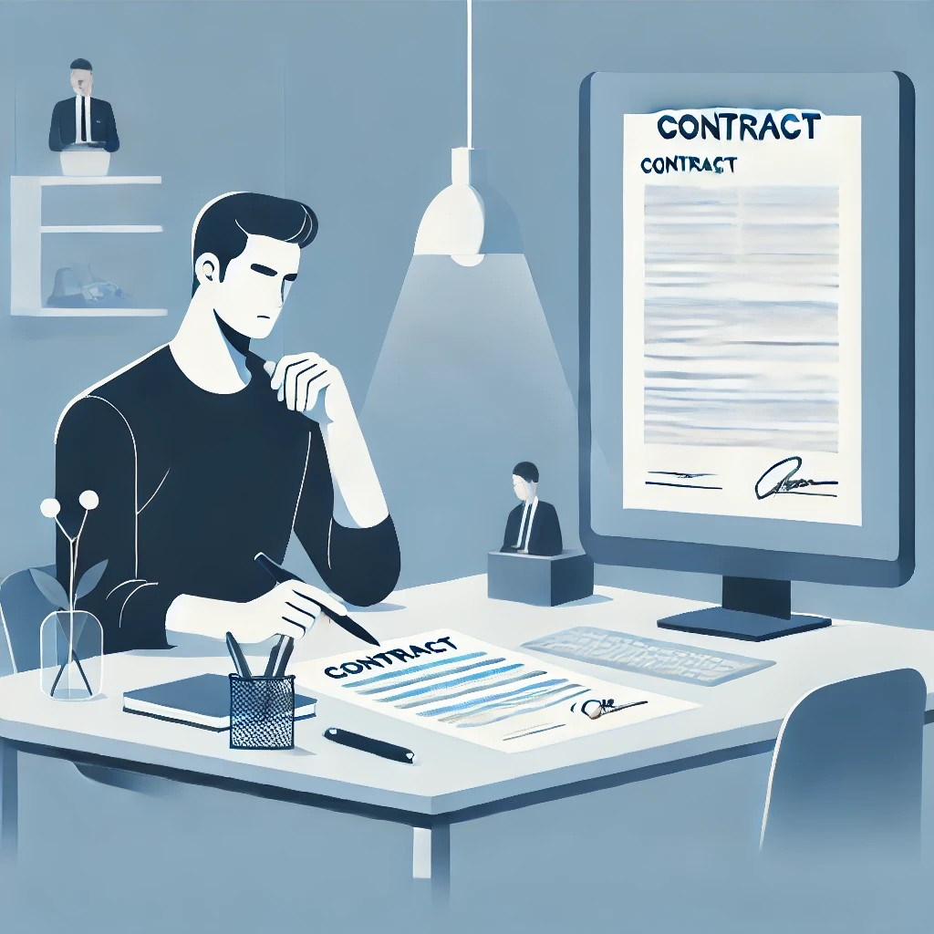 DALL·E 2024-10-30 19.24.24 - An informative, business-focused illustration showing a freelancer reviewing a contract at a desk with a serious, attentive expression. The desk has a.jpeg