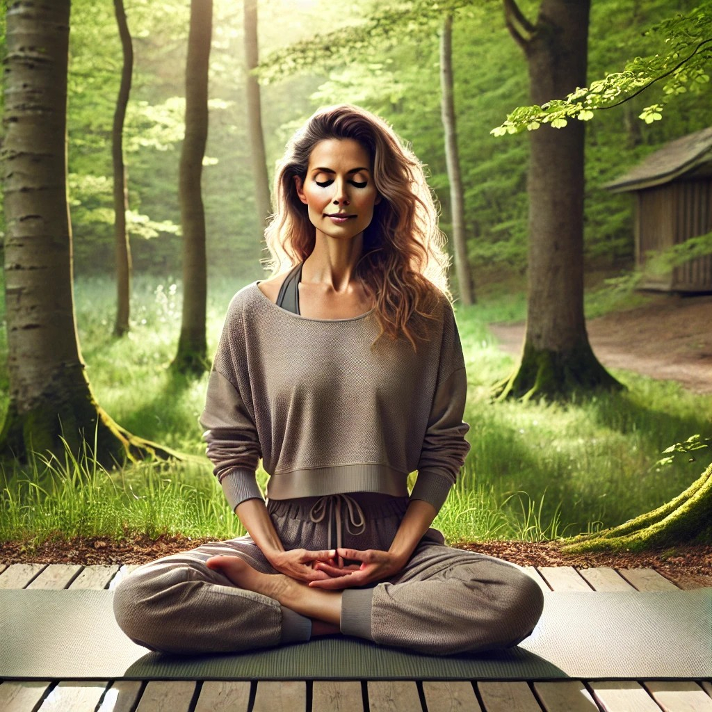 DALL·E 2025-07-11 11.11.20 - A serene 40-year-old woman meditating in nature. She is sitting cross-legged on a yoga mat in a peaceful forest clearing, surrounded by lush greenery,.jpg