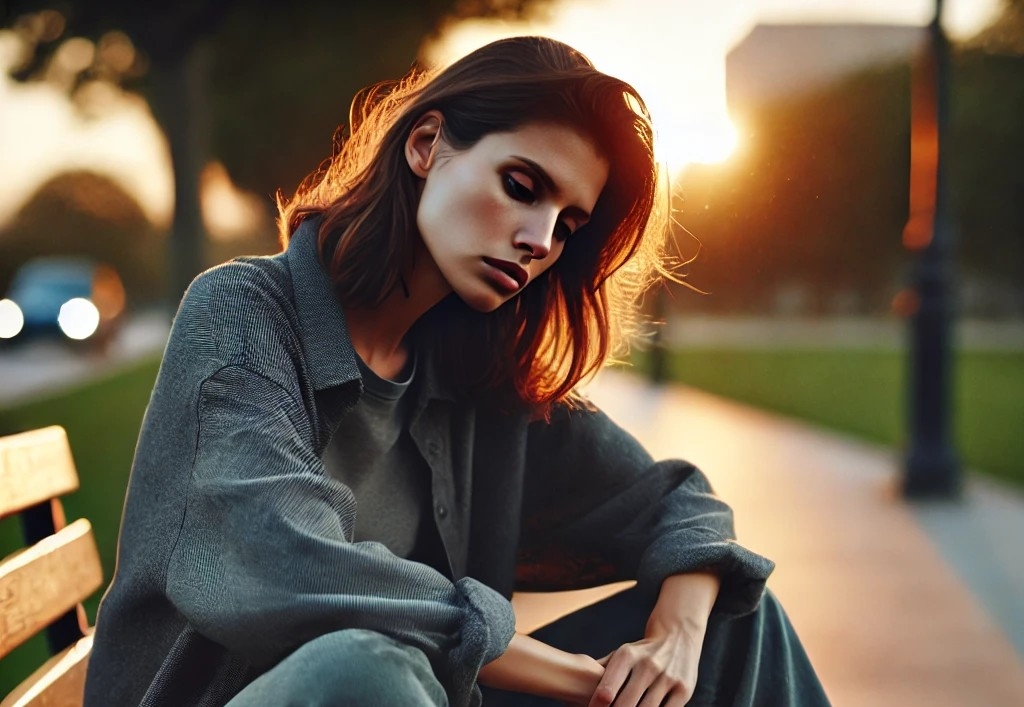 DALL·E 2025-06-10 14.46.59 - A tired-looking modern woman sits alone on a park bench at dusk. She appears emotionally and physically drained, with a thoughtful and reflective expr.jpg