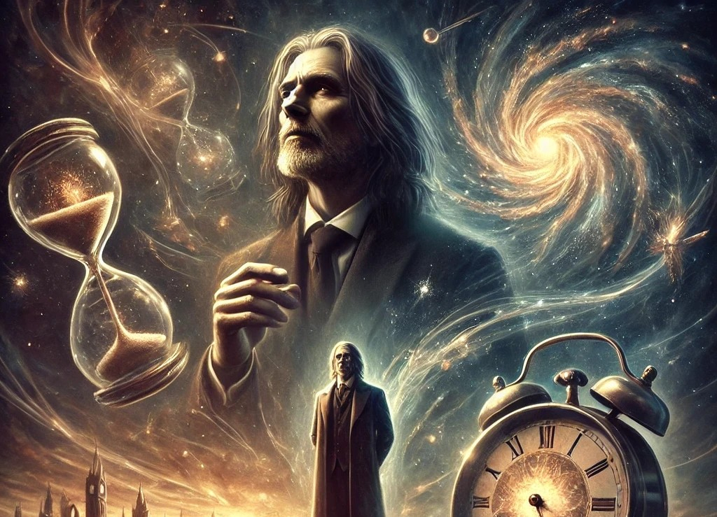 DALL·E 2025-04-27 23.58.33 - A surreal and mystical scene depicting the world of a powerful psychic. A dignified 40-something man stands in the center, with long hair and a calm, .jpg