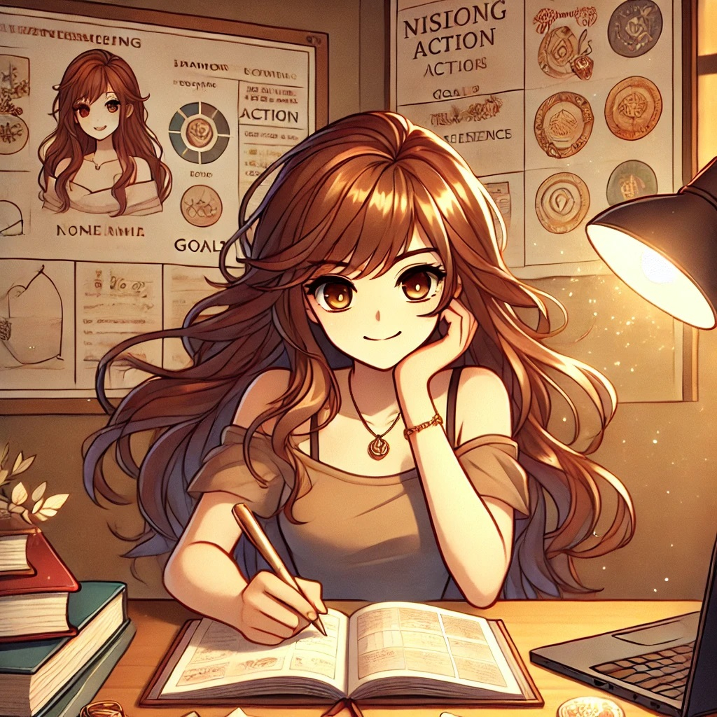 DALL·E 2025-02-27 01.59.20 - An anime-style illustration of a determined young woman with flowing brown hair, confidently writing in a journal at her desk. She is surrounded by bo.jpg