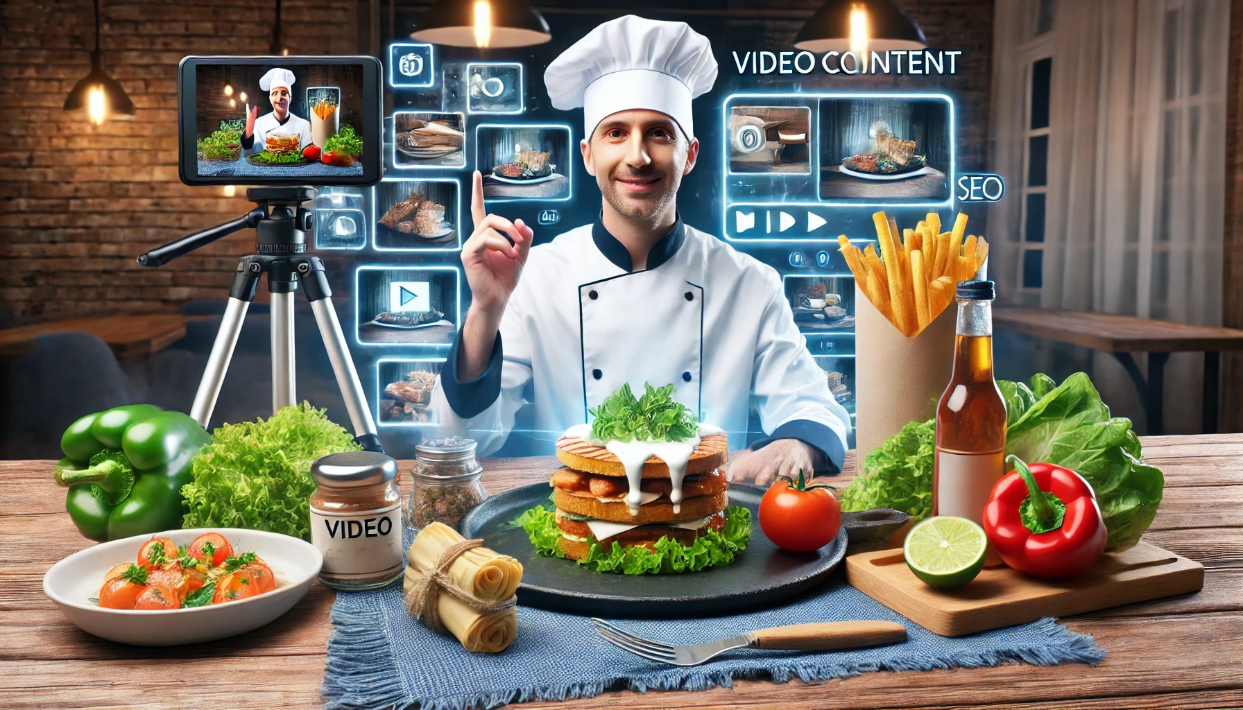DALL·E 2024-06-25 22.33.33 - A high-quality image showing a chef presenting a cooking show with various dishes, representing the importance of video content in SEO.jpeg