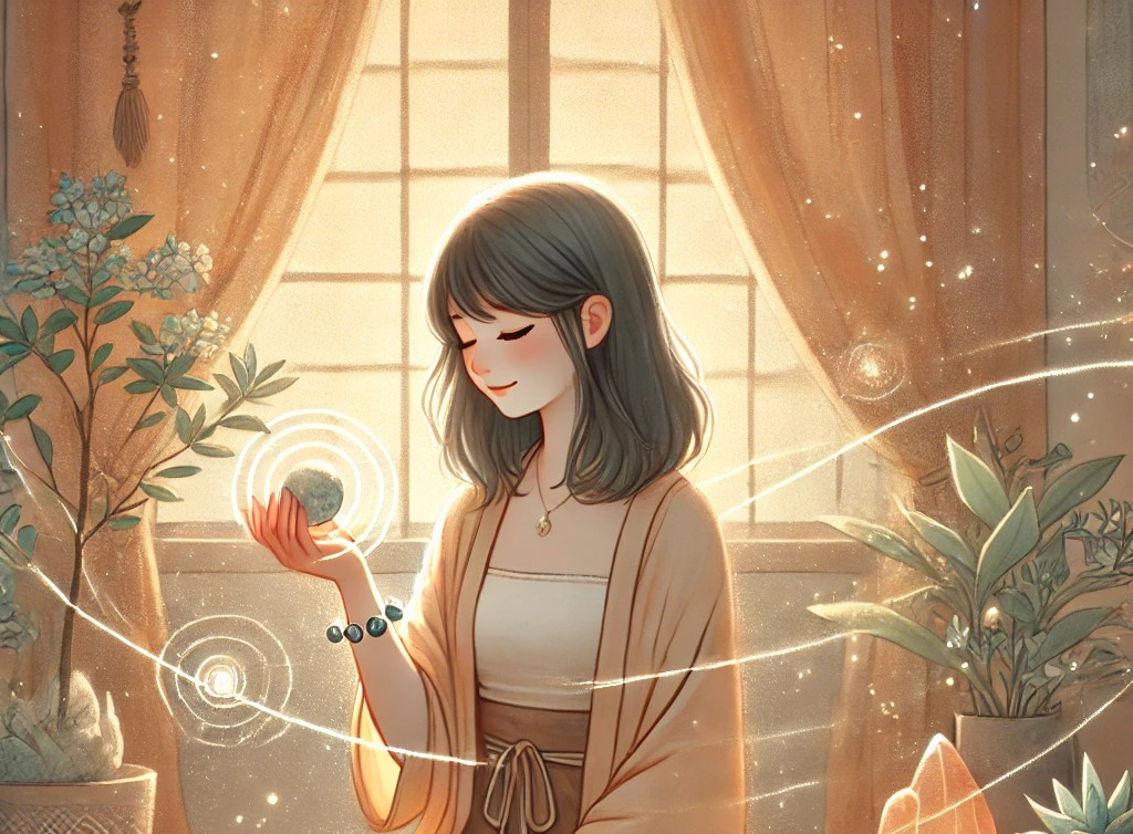 DALL·E 2025-06-06 18.06.42 - A peaceful and spiritual illustration for a blog about living in harmony with natural stones. A Japanese woman in her 30s is sitting quietly in a soft.jpg