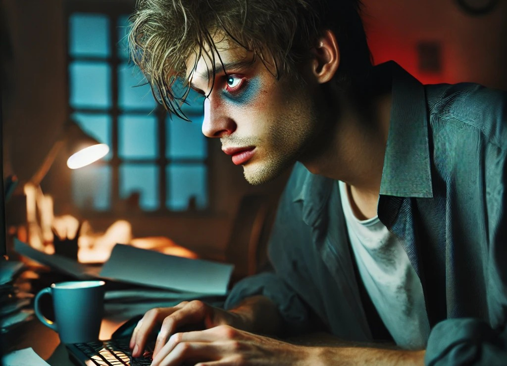 DALL·E 2025-05-18 00.41.47 - A young adult in their 20s working intensely at a cluttered desk, showing signs of extreme overwork. Their hair is messy and unwashed, face looks tire.jpg