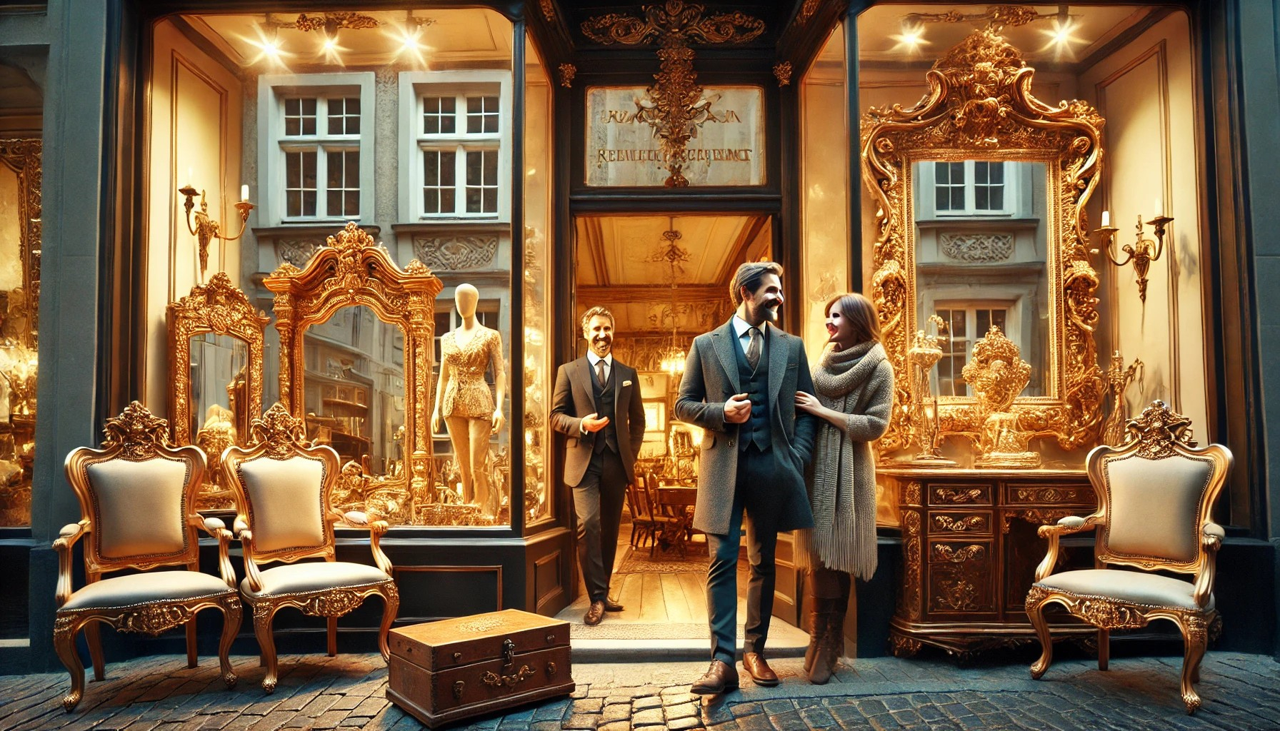 DALL·E 2025-04-19 05.21.58 - A charming antique furniture shop in Europe that specializes in gold leaf-decorated pieces. The furniture gleams with intricate gold details, catching.jpg