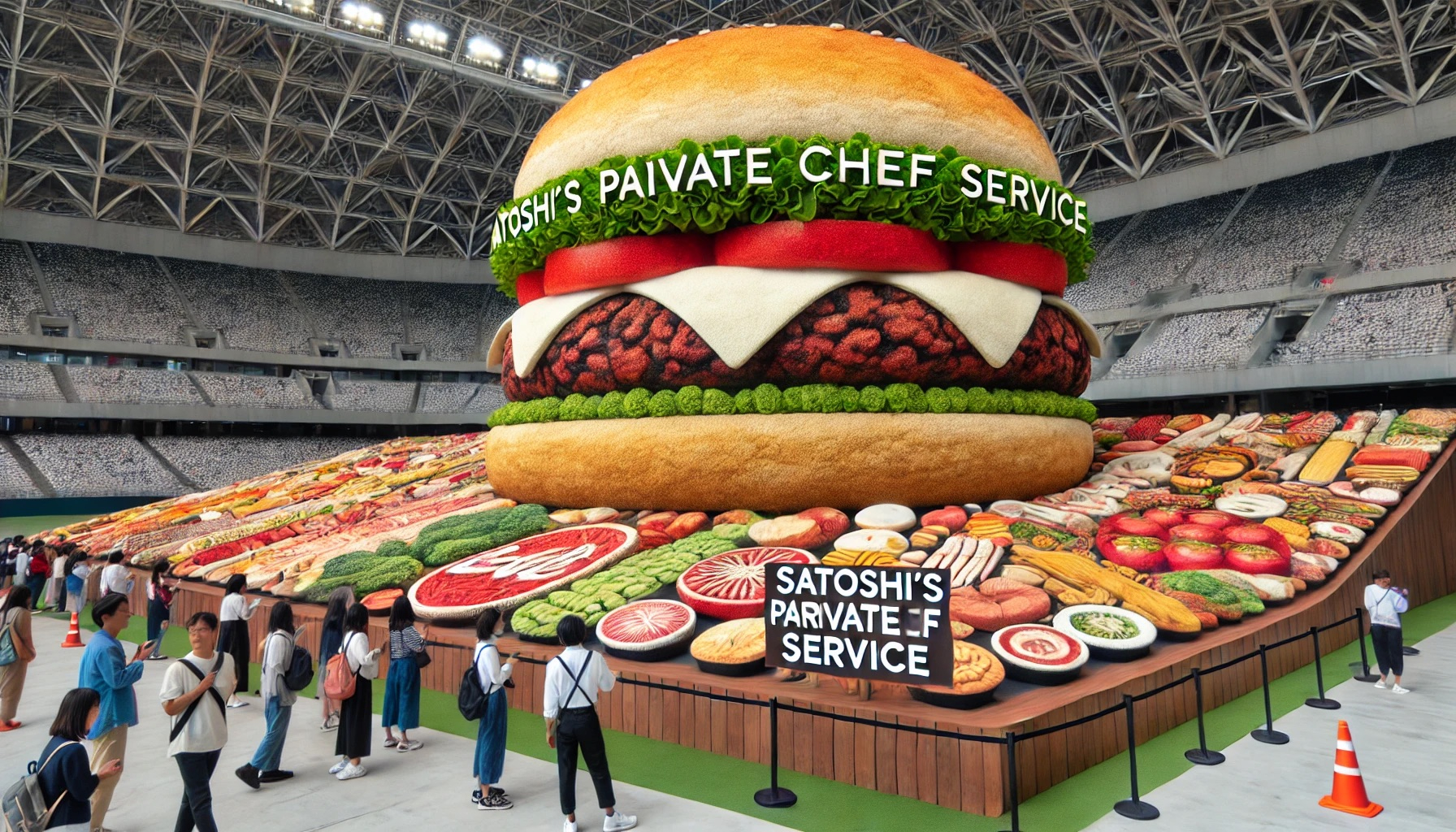 DALL·E 2024-07-02 23.09.59 - A high-quality image of a massive food art installation in a stadium, made entirely of different foods, showcasing a giant hamburger with a 'Satoshi's.jpeg