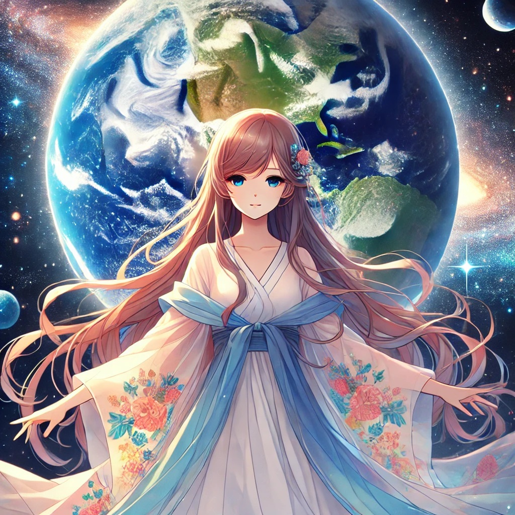 DALL·E 2025-01-09 19.42.20 - An anime-style illustration featuring a serene and mystical young woman with long flowing hair standing gracefully against a background depicting plan.jpg