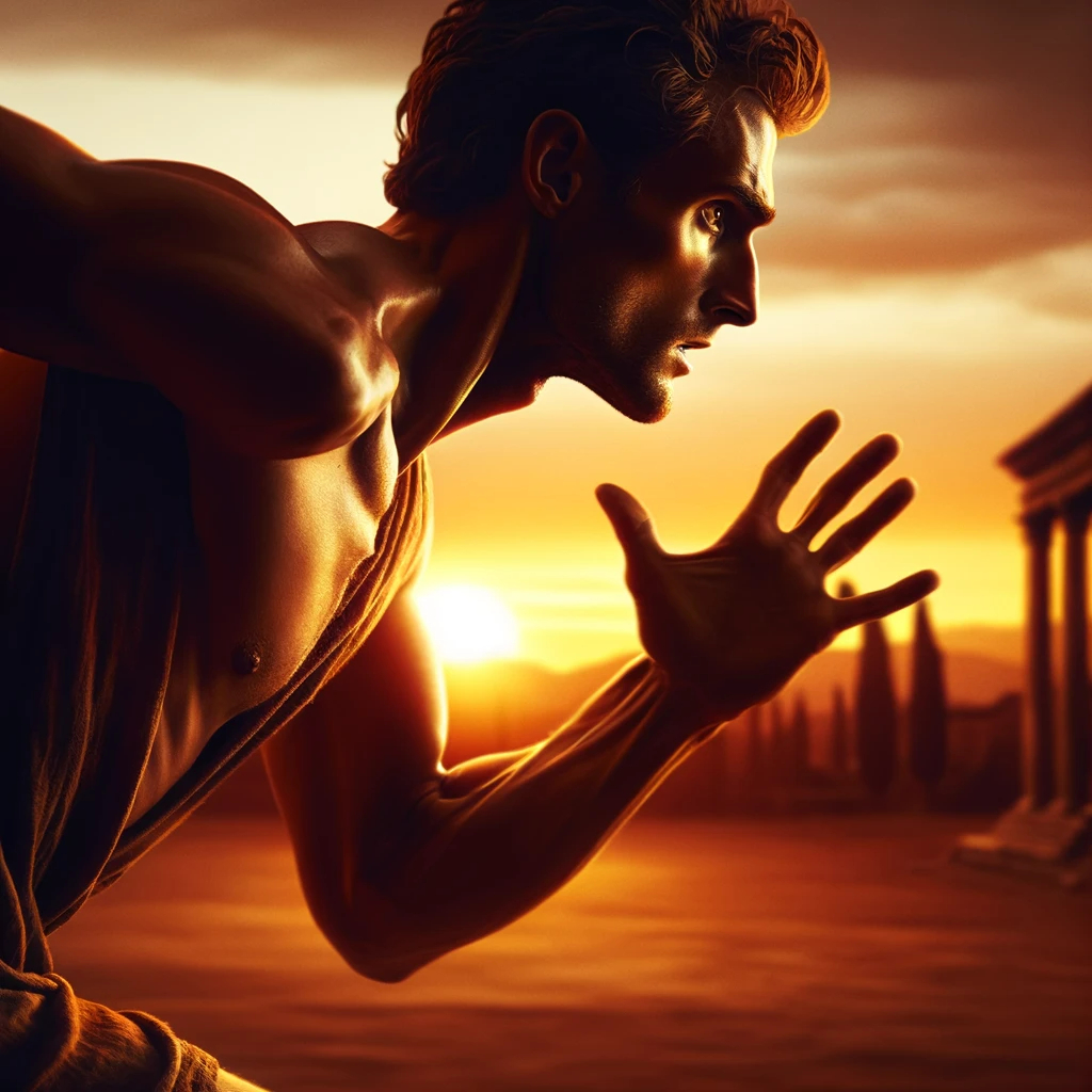 DALL·E 2024-01-23 18.41.13 - In an ancient Roman atmosphere, depict a man running at full speed during sunset. The focus is on the man's side profile, showing his desperate expres.png